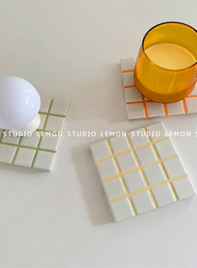 自制韩国ins桌面装饰方形马赛克白色陶瓷砖彩缝置物杯垫拍照道具