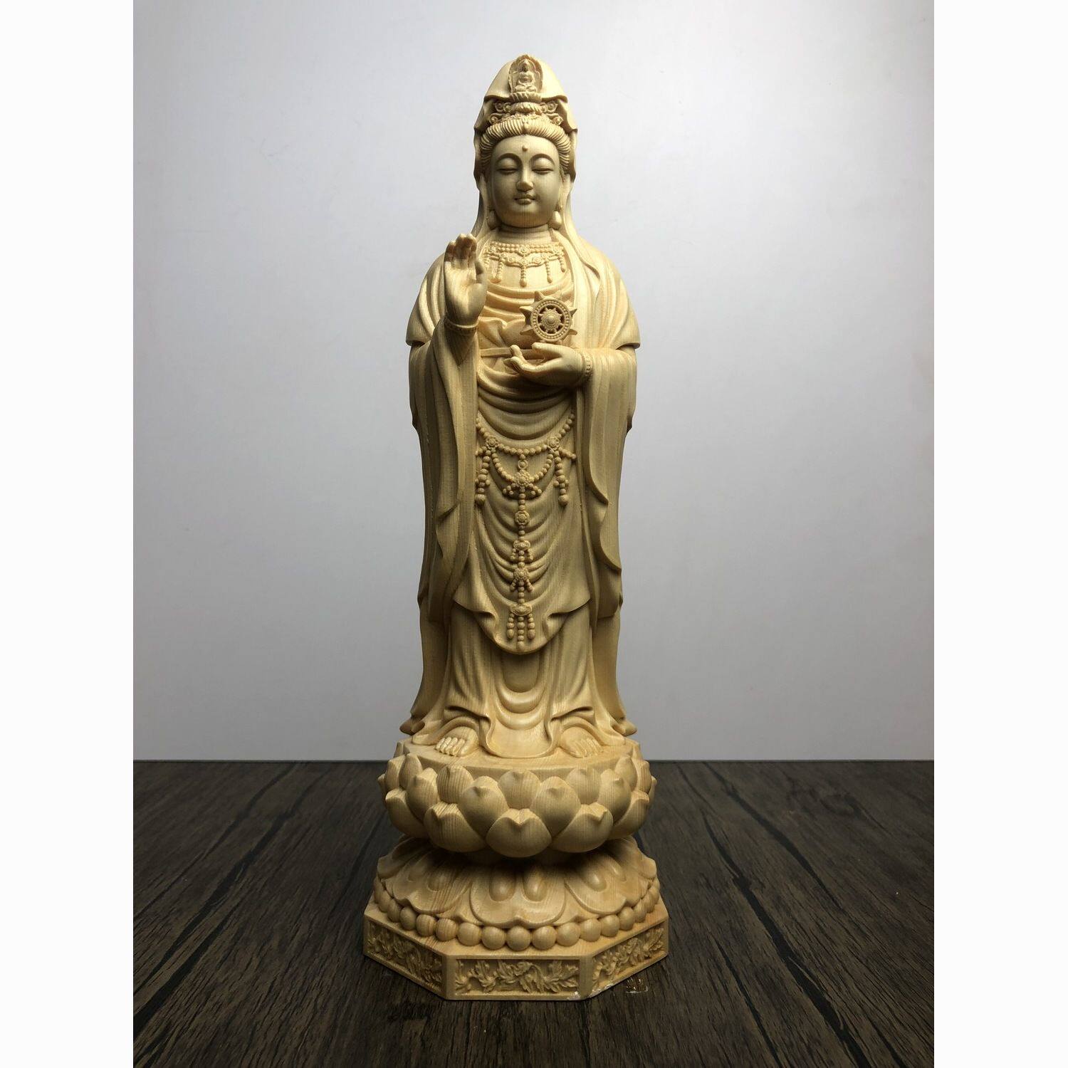 桧木雕站莲南海观音菩萨手持如意轮佛像实木摆件家居寺庙供奉饰品