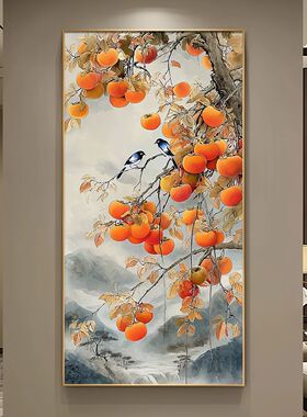 柿柿如意玄关装饰画镶钻喜鹊新中式走廊过道油画好寓意挂画带灯