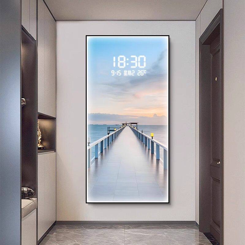 海景入户玄关装饰画高档数字时钟电子屏挂画简约走廊过道背景墙画