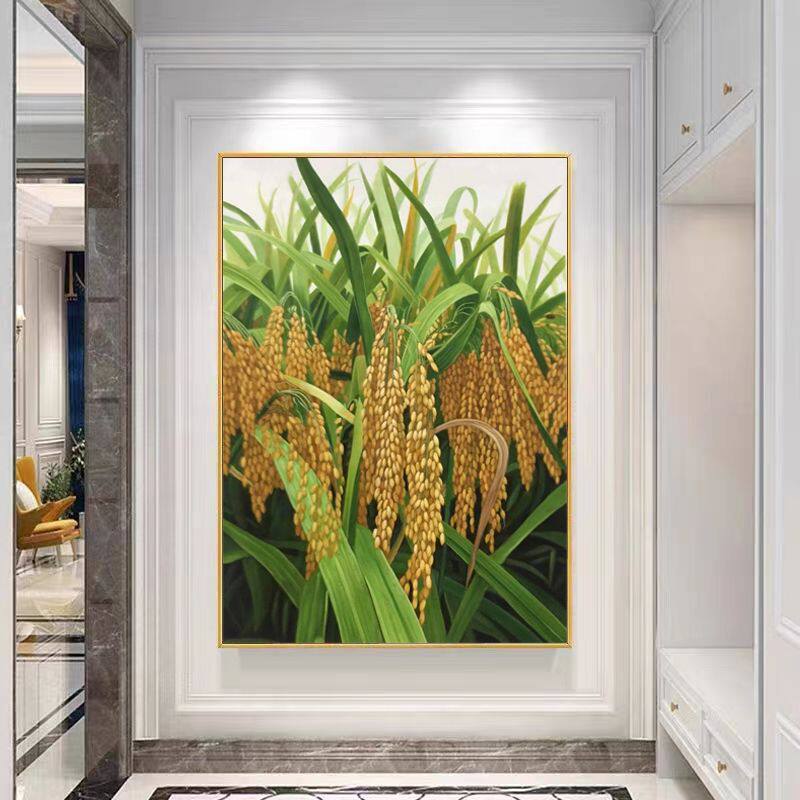 大芬新中式丰收金色稻穗手绘油画客厅餐厅玄关装饰画穗穗平安挂画