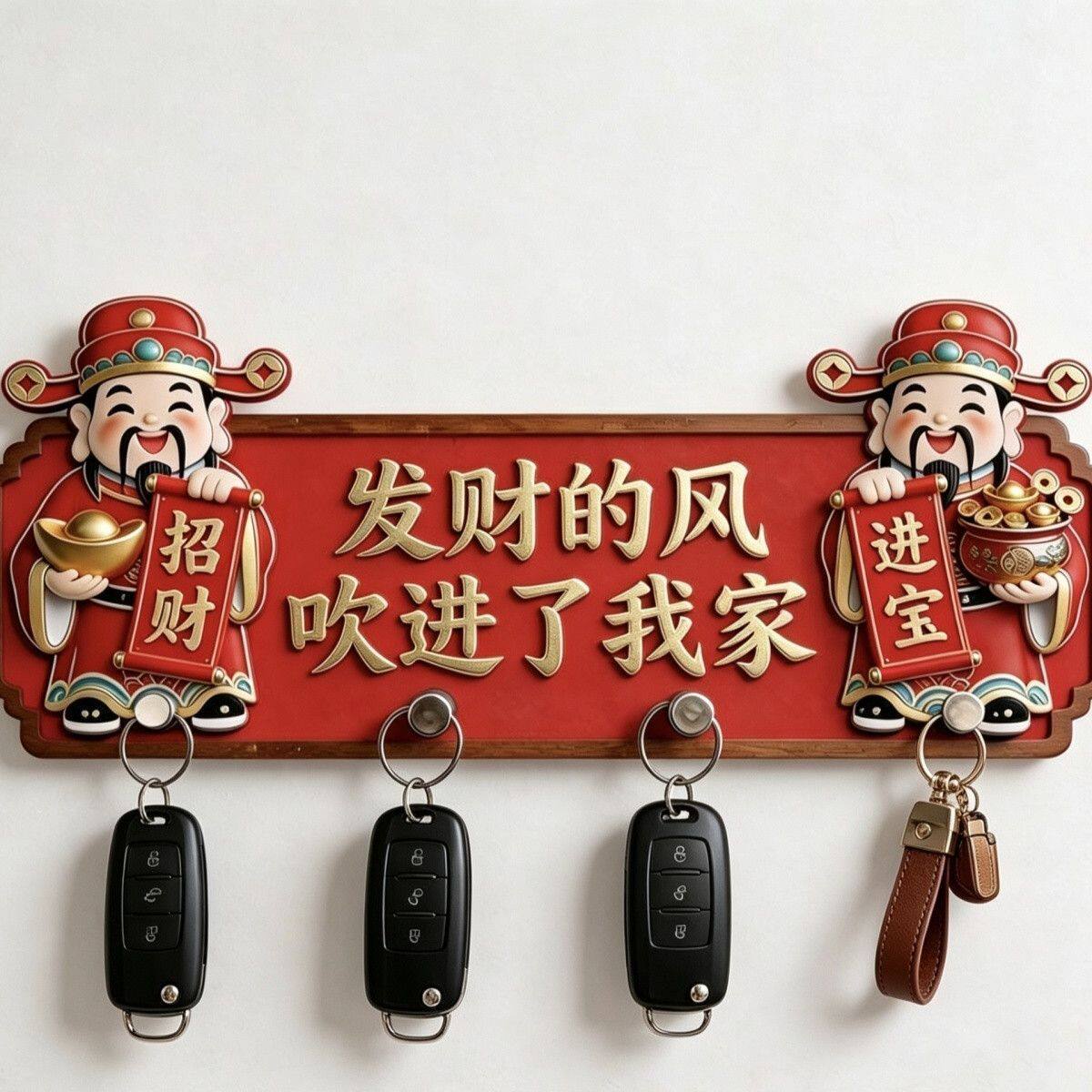 免打孔招财财神木质钥匙挂钩入户玄关壁墙客厅收纳挂架门口装饰
