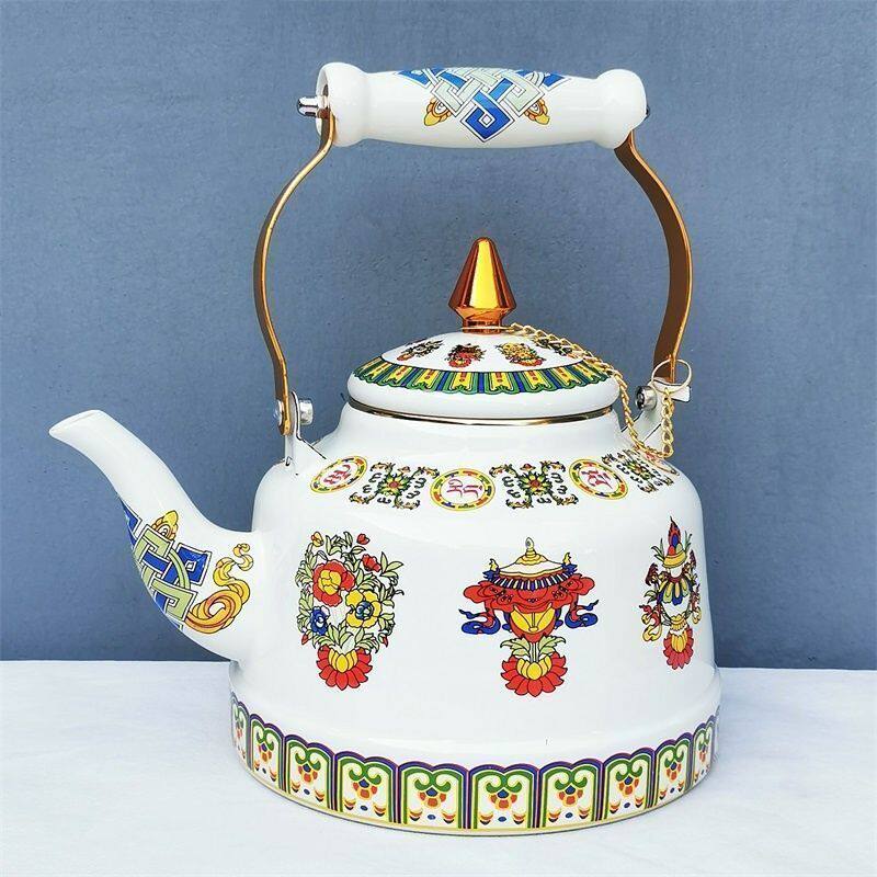 藏式搪瓷八吉祥图案酥油茶壶传统民族风煮茶器家用复古茶具