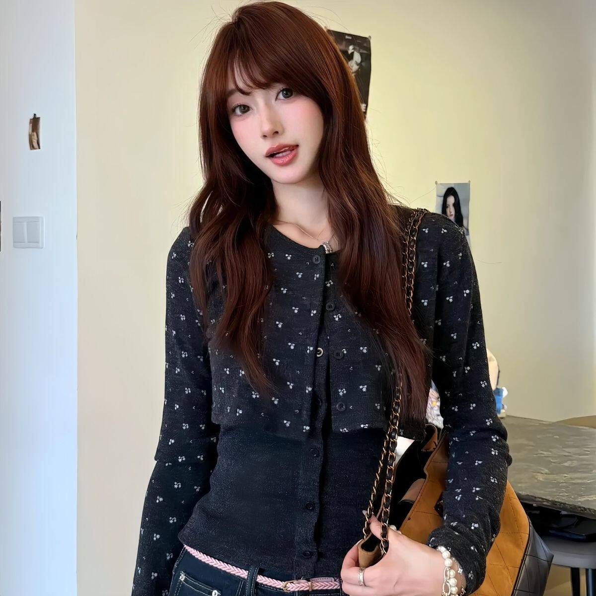 韩系碎花短款长袖针织开衫内搭吊带背心女春秋穿搭修身两件套上衣