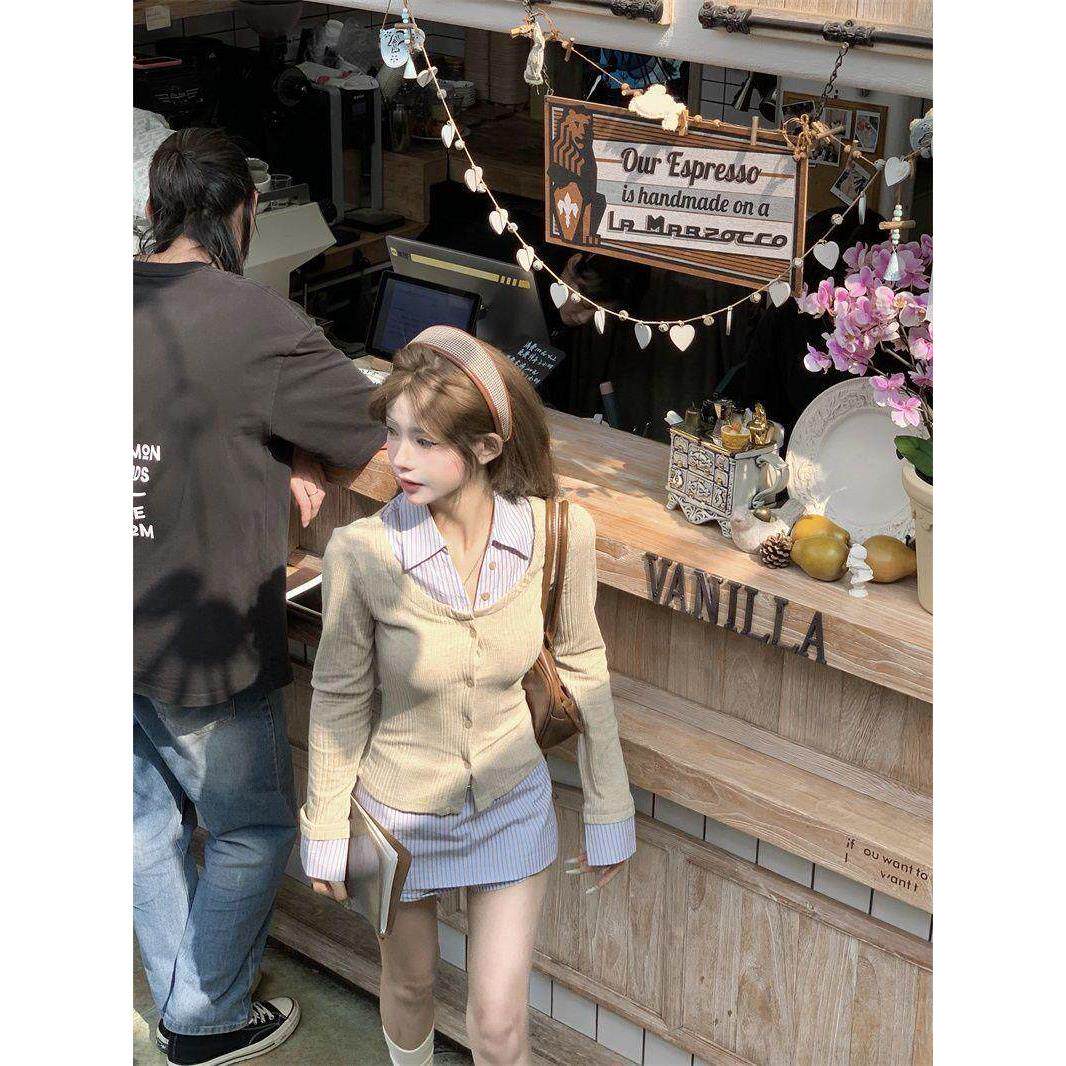 七颗虾滑假两件衬衫女2026新款内搭上衣秋季搭配一整套韩系套装裙