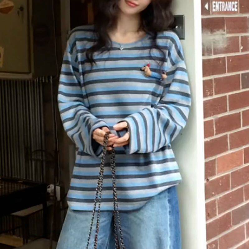 2026新款慵懒风长袖T恤女条纹宽松打底衫小衫巨好看的早秋季上衣