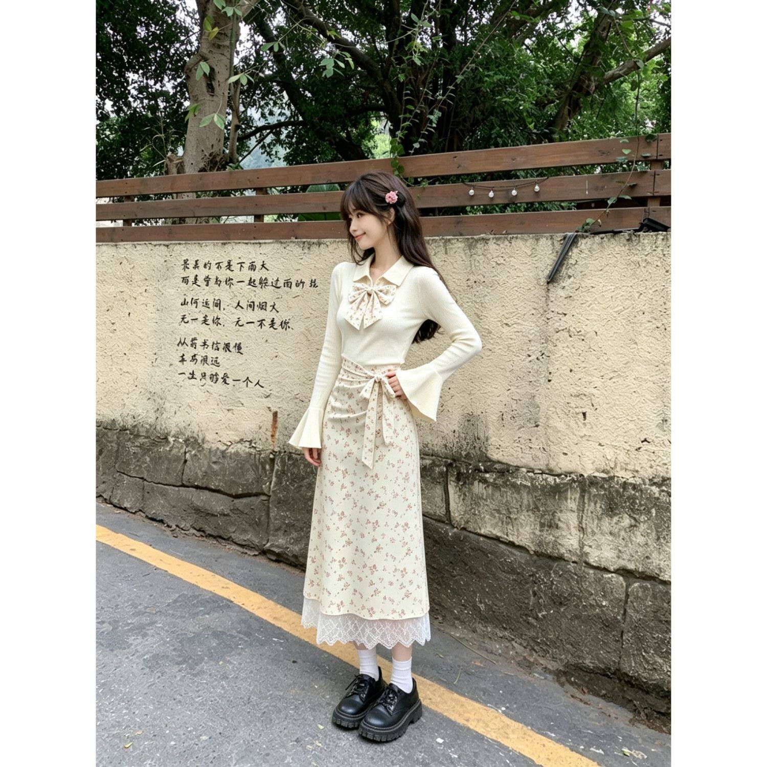 淑女风蝴蝶结领带碎花连衣裙女2026秋季长袖系腰带中长款气质裙