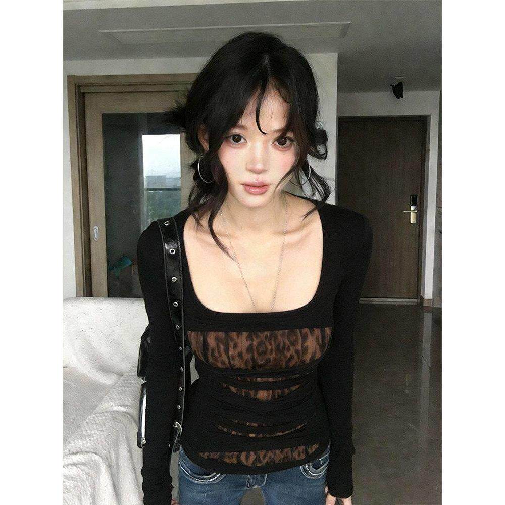 美式Y2K黑色豹纹长袖T恤女春季收腰内搭打底衫时尚绝美显瘦上衣酷