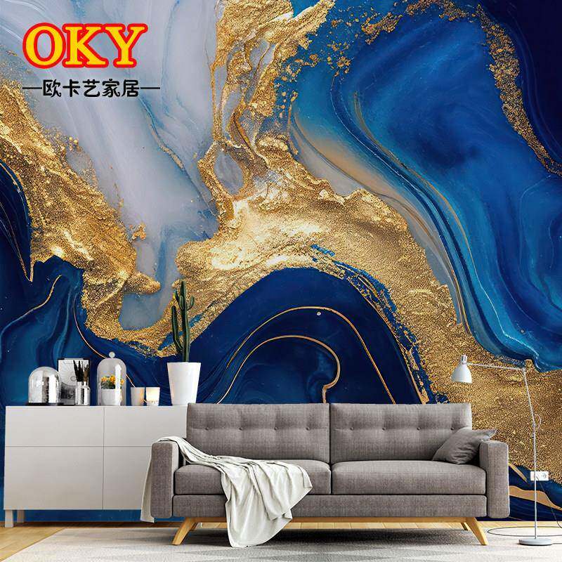 轻奢鎏金现代艺术壁画大理石纹电视背景墙纸蓝色抽象立体壁布壁纸