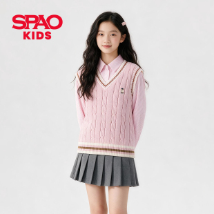 SPAO女童针织马甲秋2026新款女孩秋季毛衣洋气时髦V领儿童针织衫