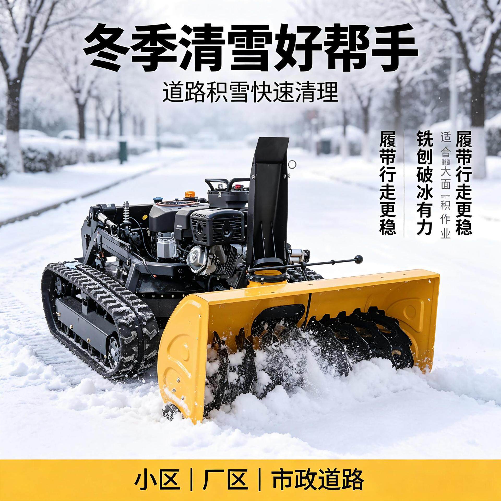 汽油扫雪机遥控式充电除雪车手扶小型清雪设备推雪铲滚刷小区物业