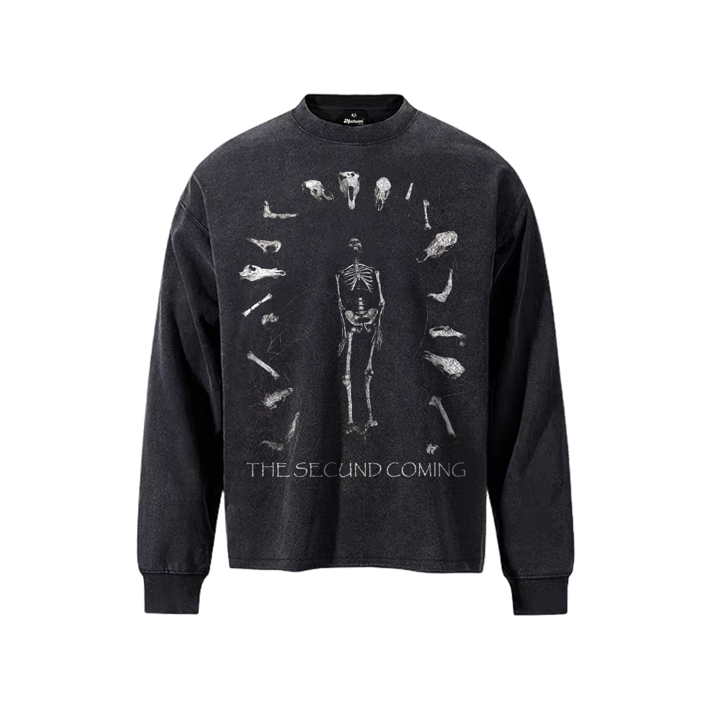 MUC骷髅印花复古vintage哥特暗黑美式高街重磅纯棉小领口长袖T恤