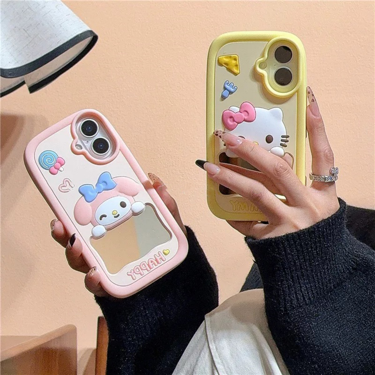 美乐蒂KT猫补妆镜面适用iPhone16promax手机壳苹果15pro新款12硅胶14Pro可爱卡通13趣味11防摔保护套小众超火