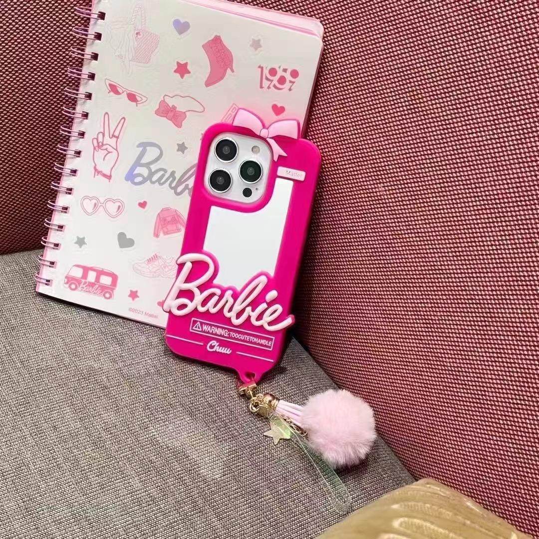 芭比粉镜子iphone16promax手机壳15pro化妆镜14手拎圆环13硅胶套12软壳11可爱XR挂件7plus毛球流苏小挂绳8
