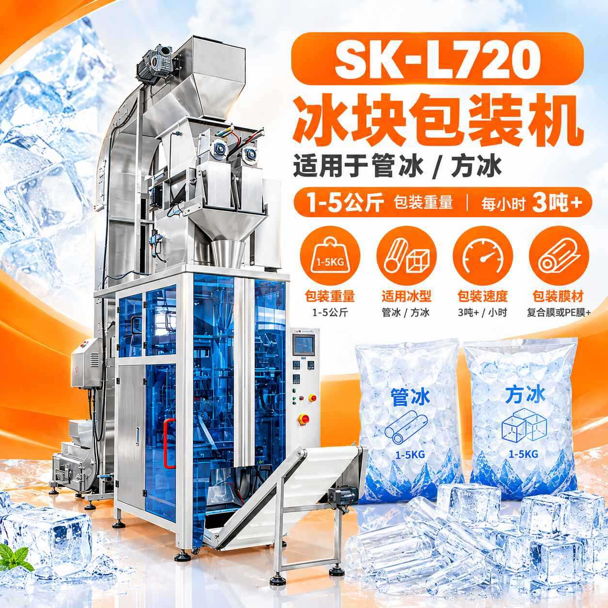 1-5公斤全自动食用冰块包装机管冰方冰碎冰片冰称重包装机械厂家