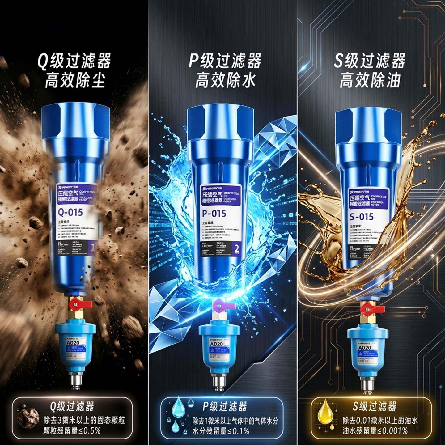空压机汽水油水分离器气泵压缩空气精密过滤器喷枪干燥带自动排水