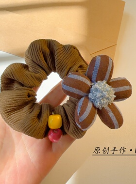 秋冬复古棕色针织小肠发圈手工条纹布艺大花朵彩珠森系秋冬头饰