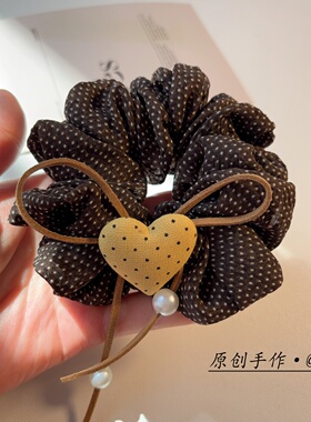 复古秋冬波点爱心大肠圈美拉德棕珍珠蝴蝶结飘带布艺可爱森系发饰
