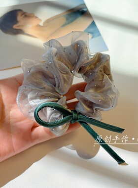 手作银灰碎钻网纱大肠发圈飘带清冷通勤高级感微光闪闪纱质头饰