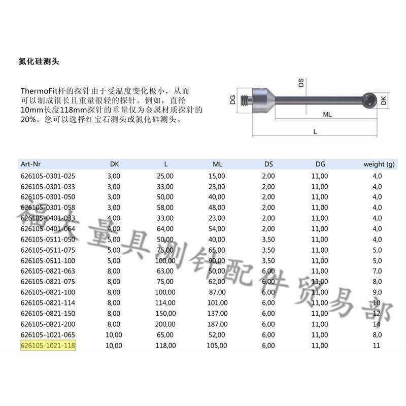 德国蔡司626105-1021-118 蔡司三座标测针 氮化硅球10.0×118L M5