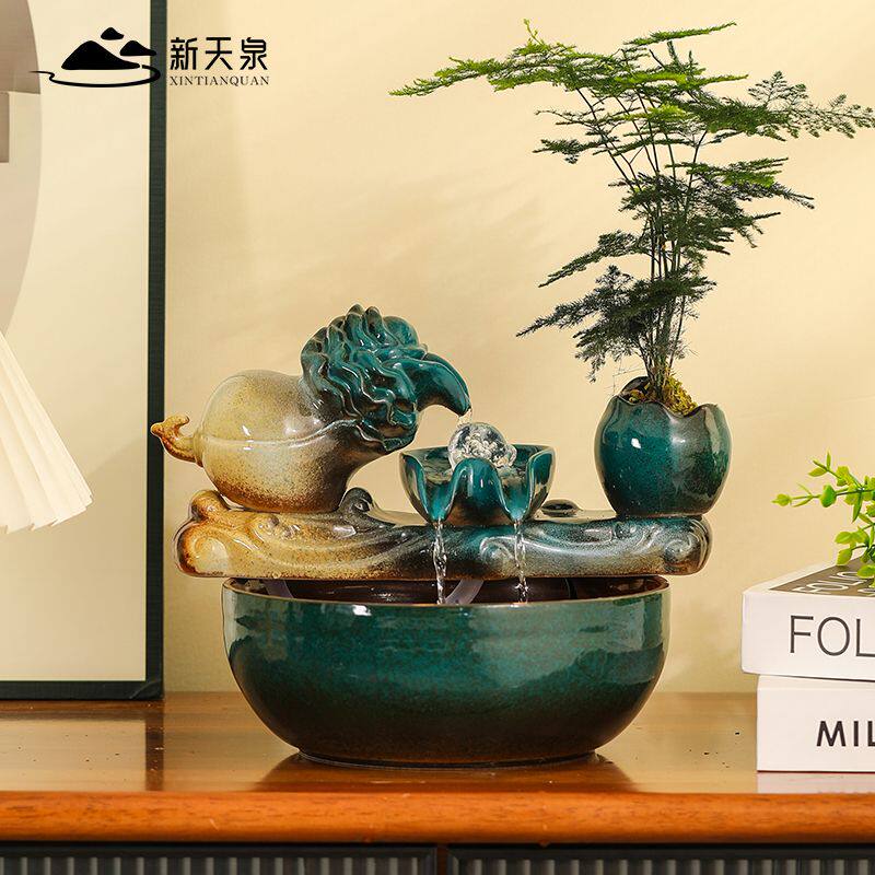 百财招财流水摆件循环水桌面陶瓷鱼缸小型家用客厅办公室装饰摆件