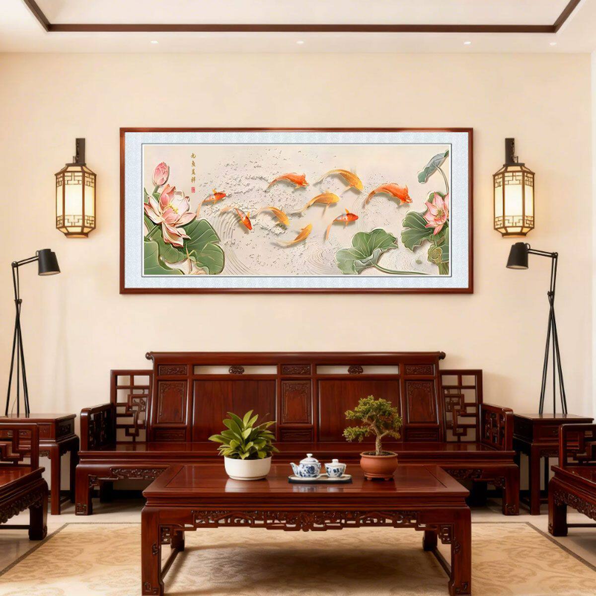 九鱼客厅装饰画浮雕描金寓意沙发背景墙挂画横版中式高档中堂壁画
