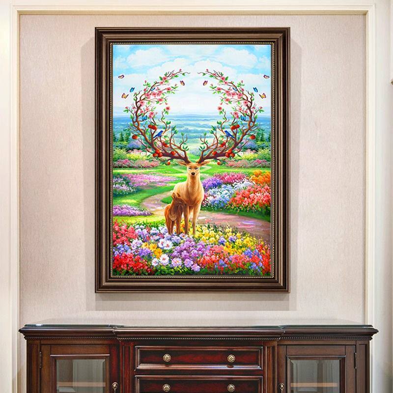 玄关装饰画欧式风格麋鹿小尺寸竖版走廊挂画过道壁画美式客厅油画