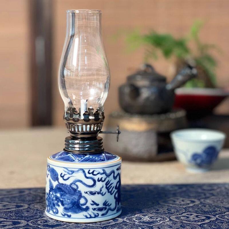 景德镇陶瓷创意中式油灯茶室青花煤油灯氛围回忆童年茶道摆件复古