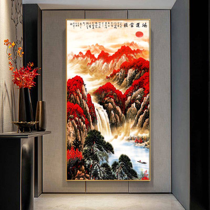 玄关山水装饰画玄关挂画鸿运当头装饰画中式山水壁画楼梯走廊过道