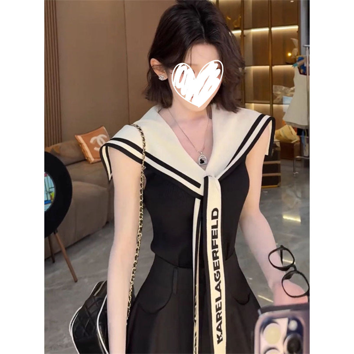 予良-个性学院风撞色海军领绑带无袖针织上衣女夏季小个子短裤套