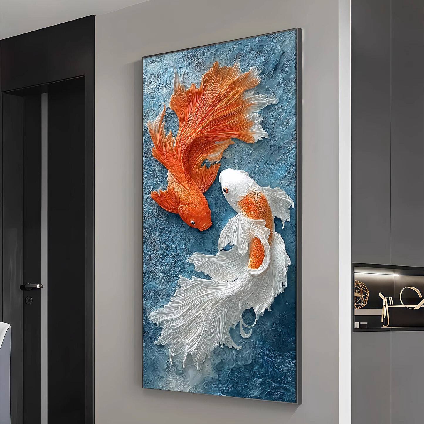吉祥锦鲤高级立体感玄关装饰画高档镶钻带灯浮雕客厅挂画酒店壁画