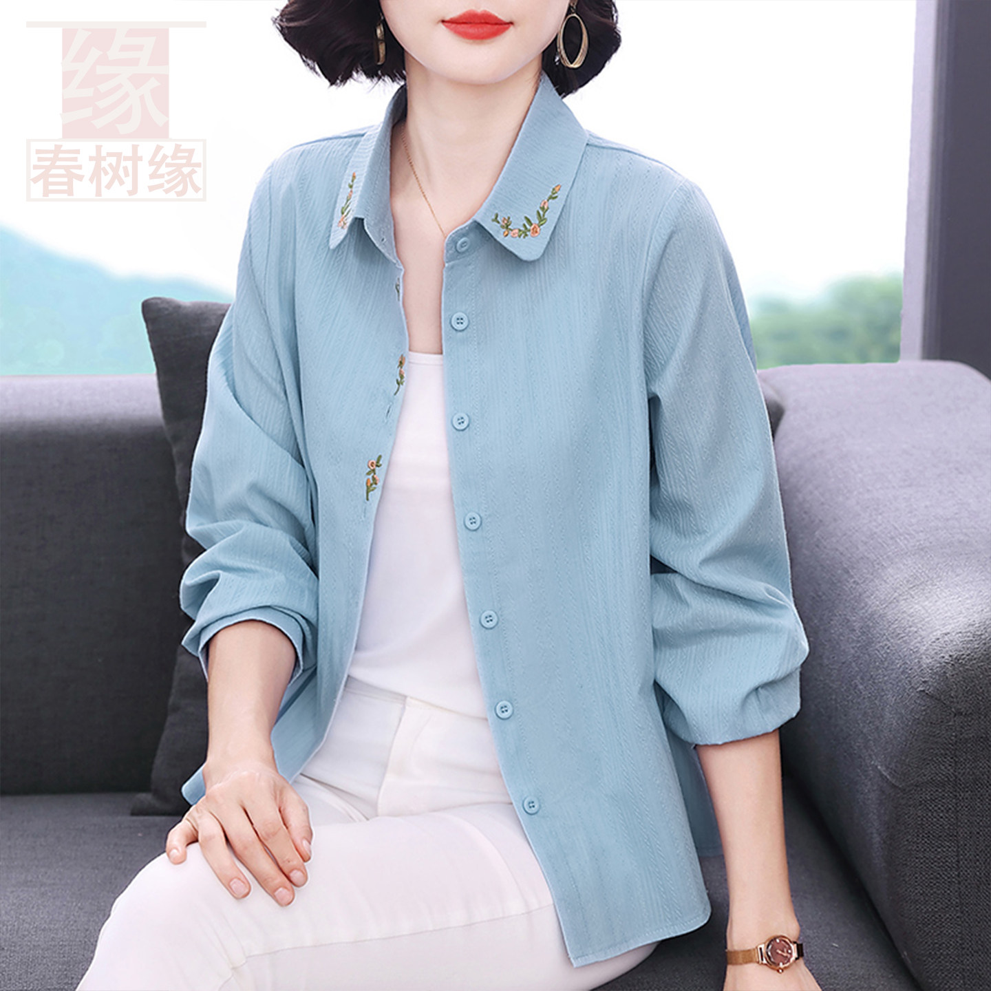 春树缘纯棉长袖刺绣宽松妈妈衬衫