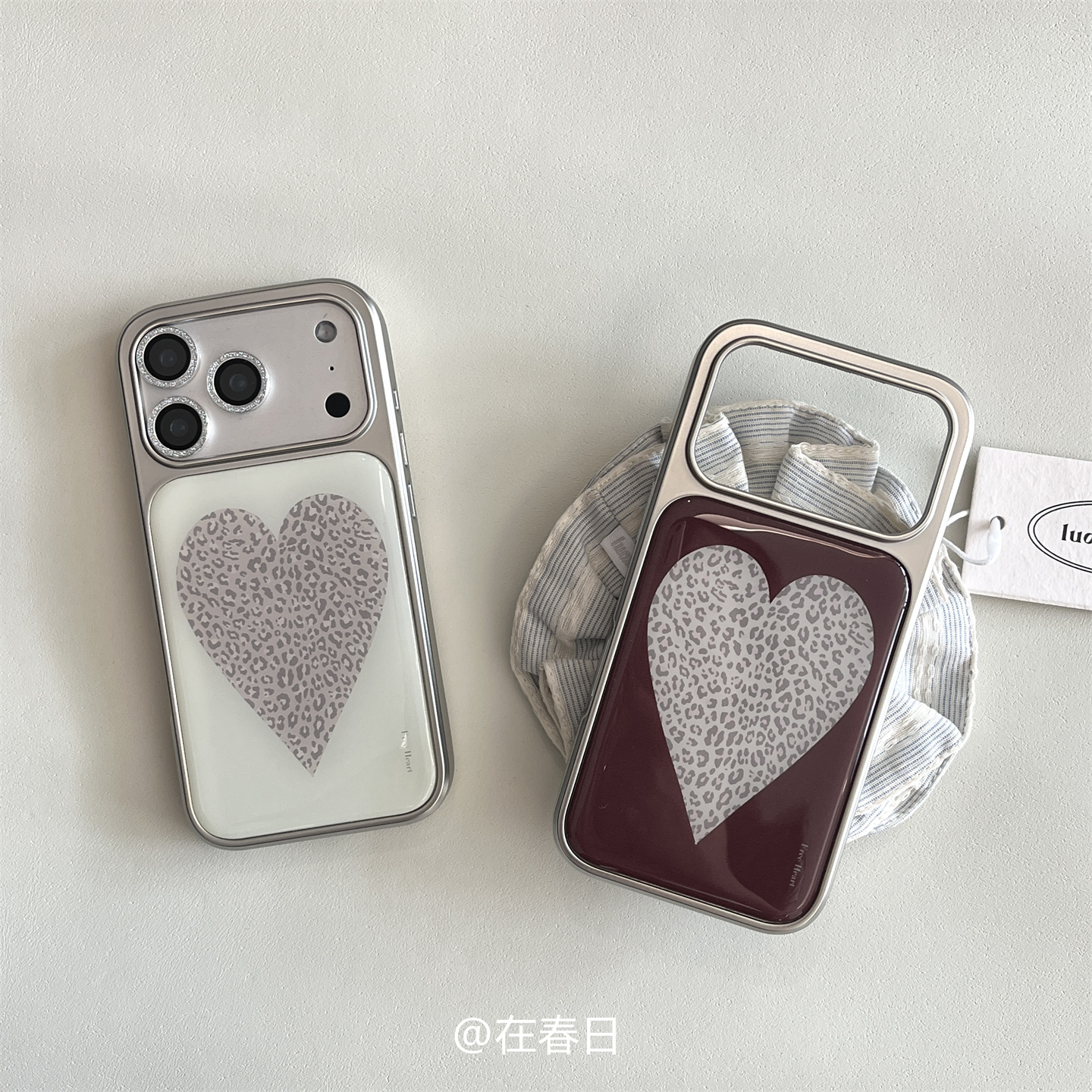 滴胶银框少女豹纹爱心手机壳