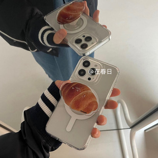 韩国ins博主fever同款牛角包可颂磁吸支架手机壳14promax/13适用苹果17promax/11/13promax全包15新款16Pro