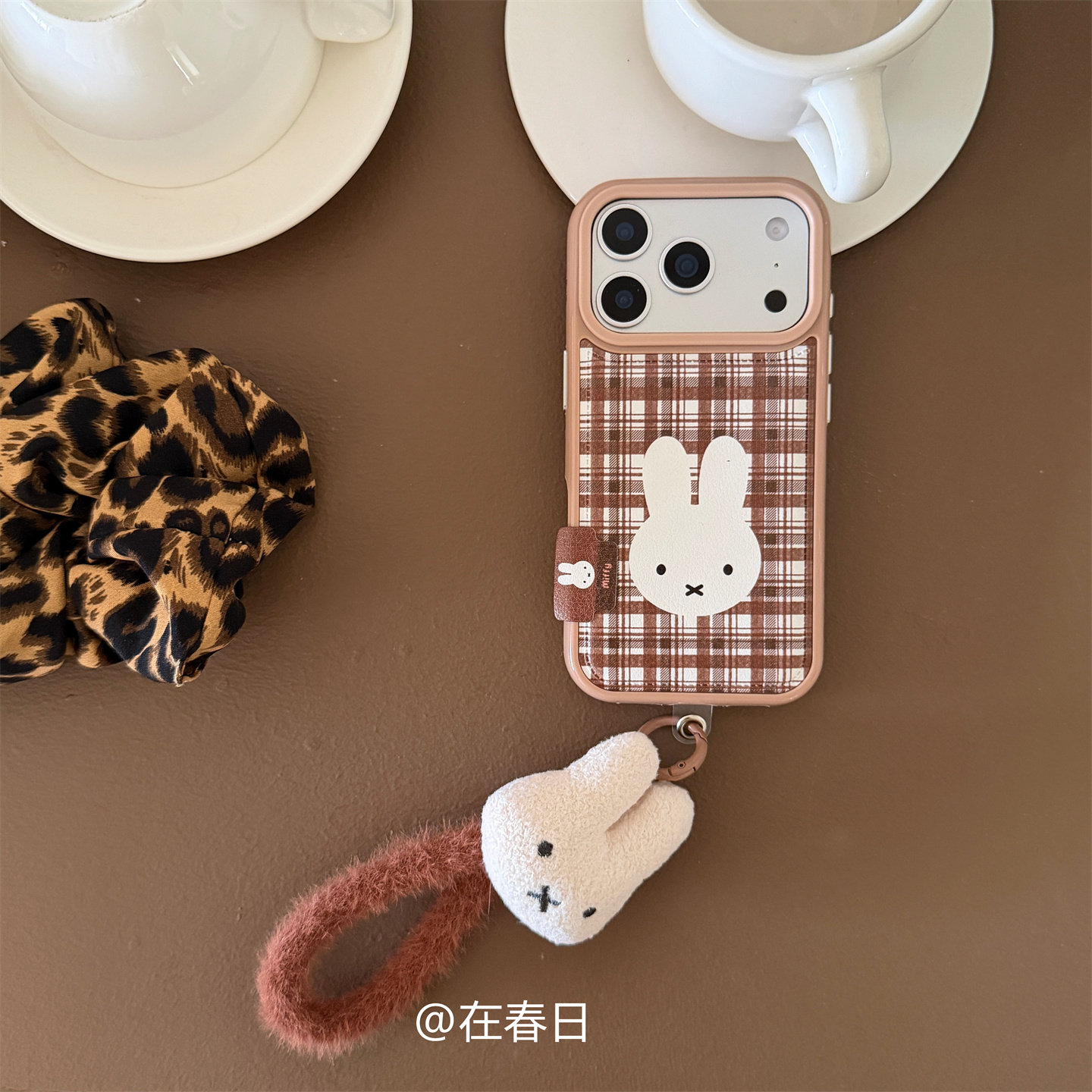 秋冬可爱棕格纹米菲毛绒挂绳