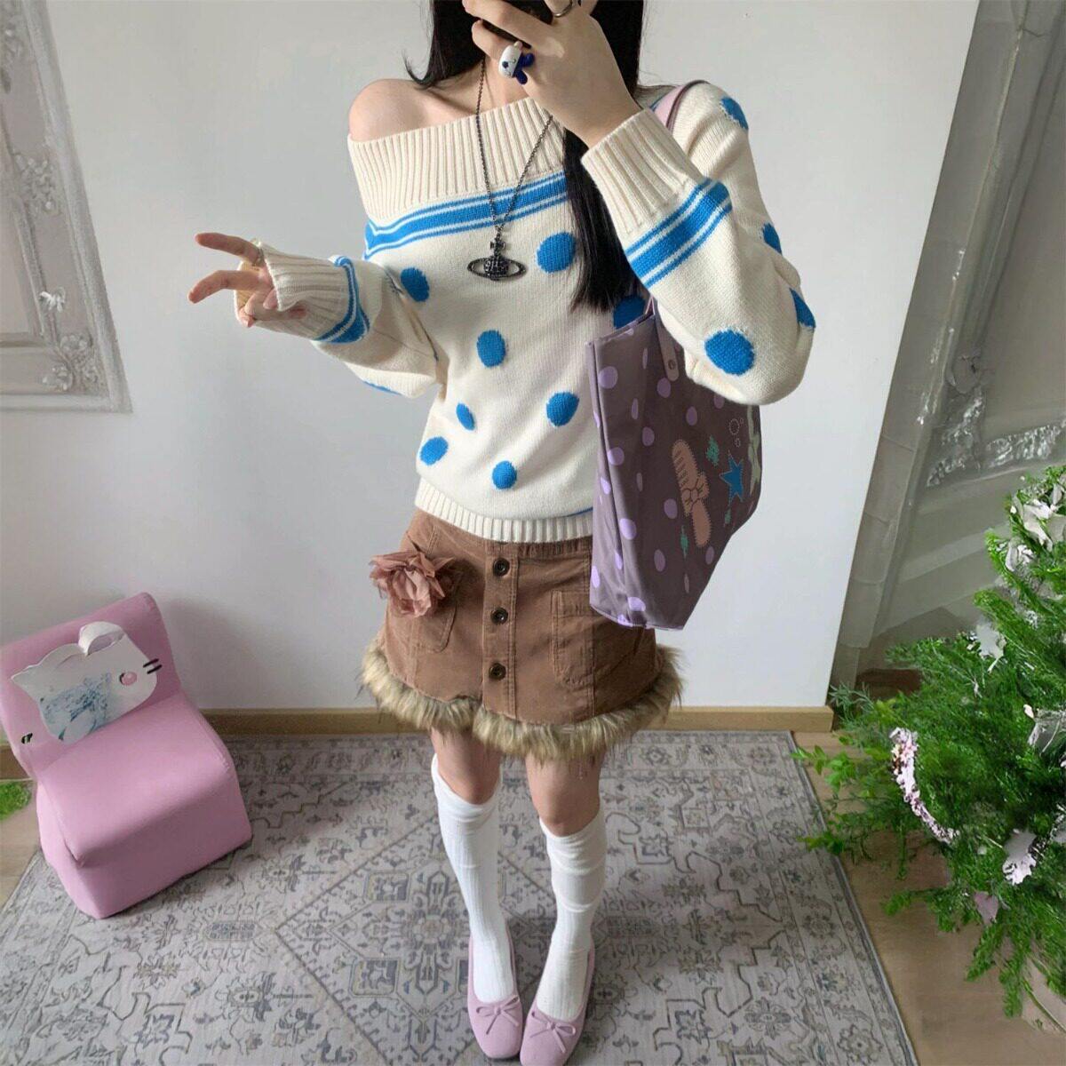 韩版清纯ins风撞色波点毛