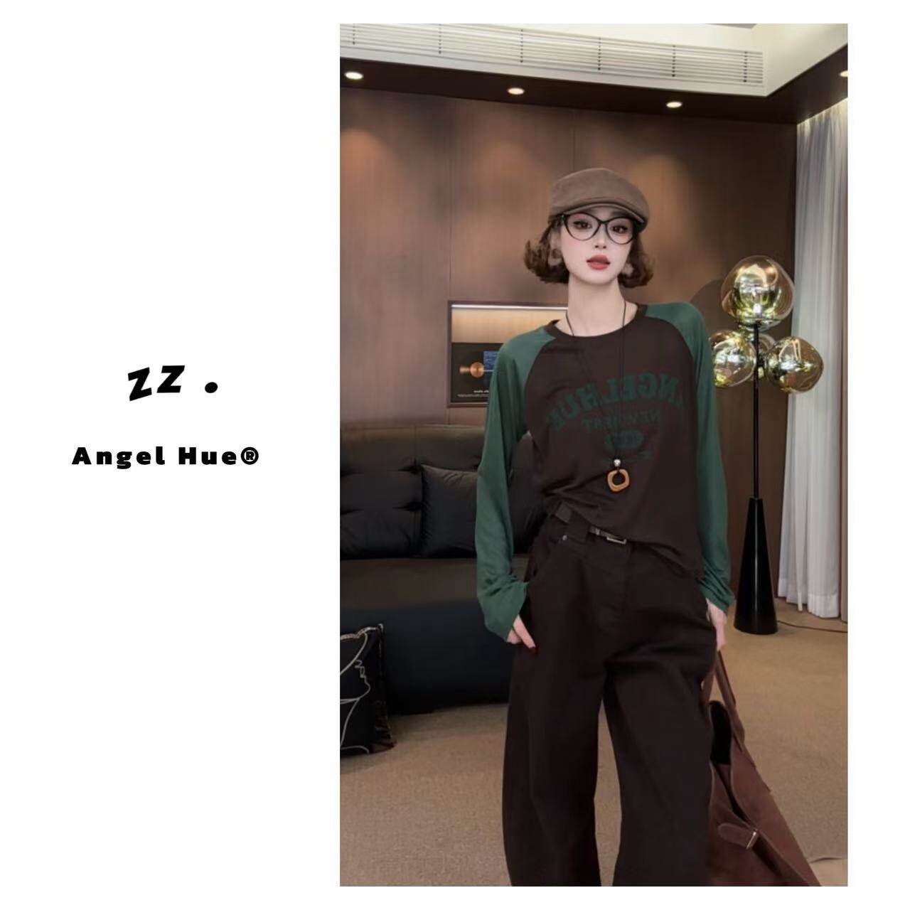 ANGELHU美式复古撞色插肩长袖T恤女字母印花宽松显瘦休闲上衣