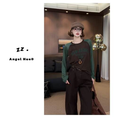 ANGELHU复古撞色插肩长袖T恤女
