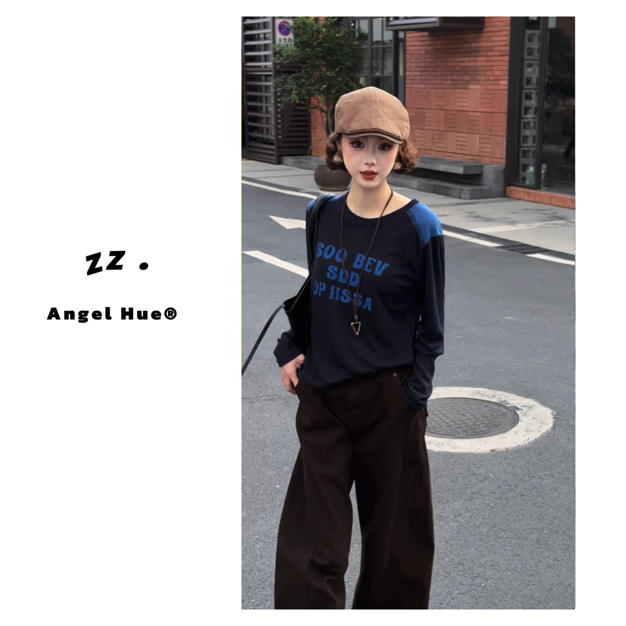 ANGELHUE美式风字母印花撞色长袖T恤女黑色圆领百搭休闲上衣