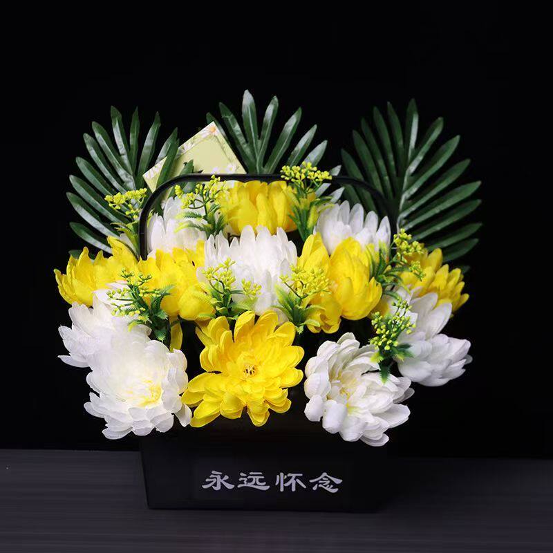 清明手提花篮菊花塑料长方盒上坟祭祖仿真花黑色盒子纸祭用品花篮图片