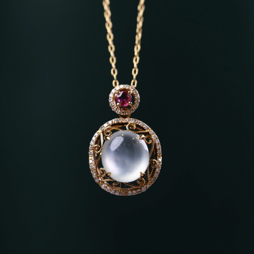 慕古玫瑰金18k金镶嵌A货冰种天然翡翠蛋面吊坠项链货号MU9YA06B8