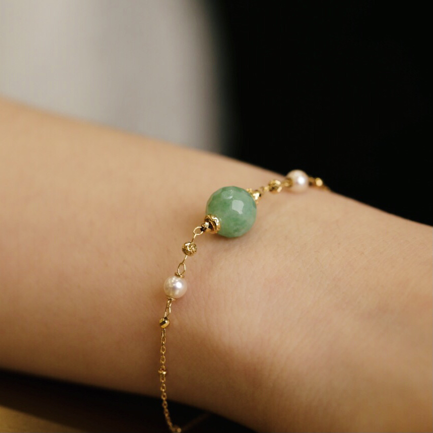 慕古珠宝18K金天然翡翠A货手链刻面翡翠珠MU3YI91B5