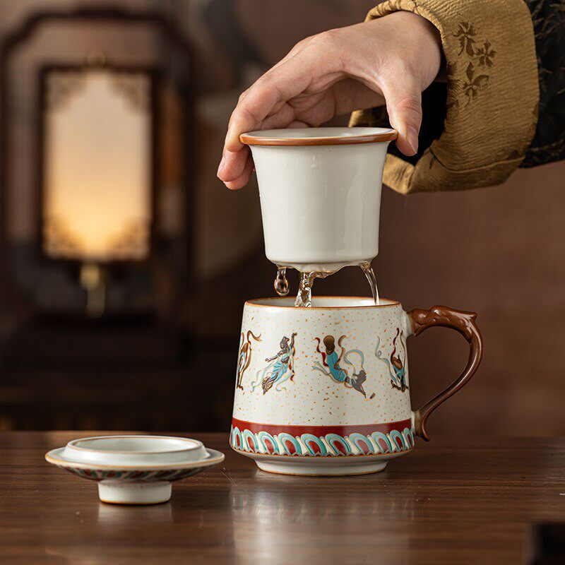 汝窑马克杯泡茶杯高档陶瓷办公杯茶水分离杯子敦煌飞天带杯盖水杯