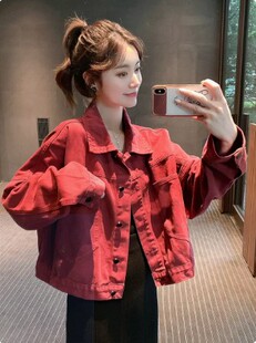 红色夹克上衣潮 盐系牛仔短外套女宽松显瘦减龄长袖 2022年秋季 新款