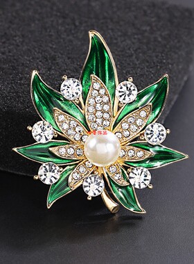 清新文艺绿色枫叶胸针合金镶嵌仿珍珠水钻别针女服装包包帽子装饰