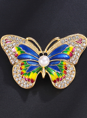 奢华高档滴油蝴蝶胸针合金镶钻珍珠优雅气质百搭西装配饰胸花女