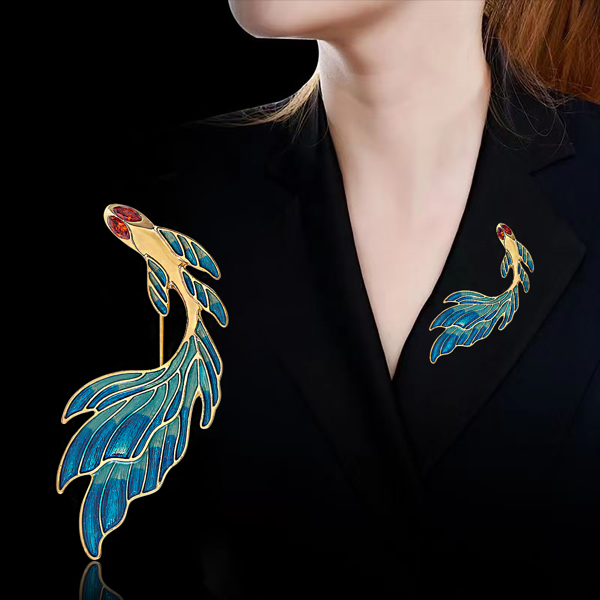 欧美跨境金鱼精灵胸针高级感个性创意设计合金滴油西装外套胸花