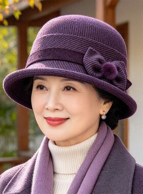 秋冬中老年女加厚保暖毛呢盆帽