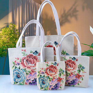 气质帆布包包女双面金丝提花刺绣单肩包优雅手提袋通勤上班文件包