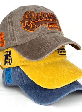 新款水洗做旧字母刺绣鸭舌帽潮男户外时尚个性情侣遮阳棒球帽子女